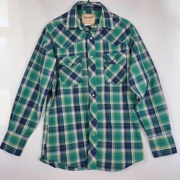 Mens Wrangler Western Fashion Pearl Snap Long Sleeve Blue/Green Plaid Size M - Picture 1 of 5